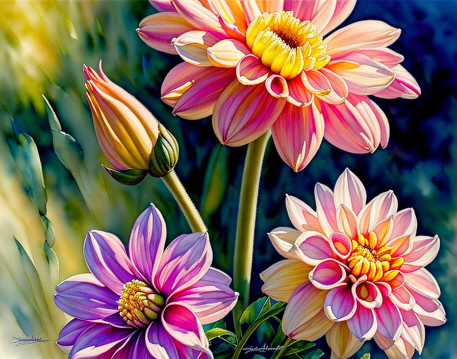 Colorful Pink and Purple Dahlia Flowers Painting with Detailed Petals