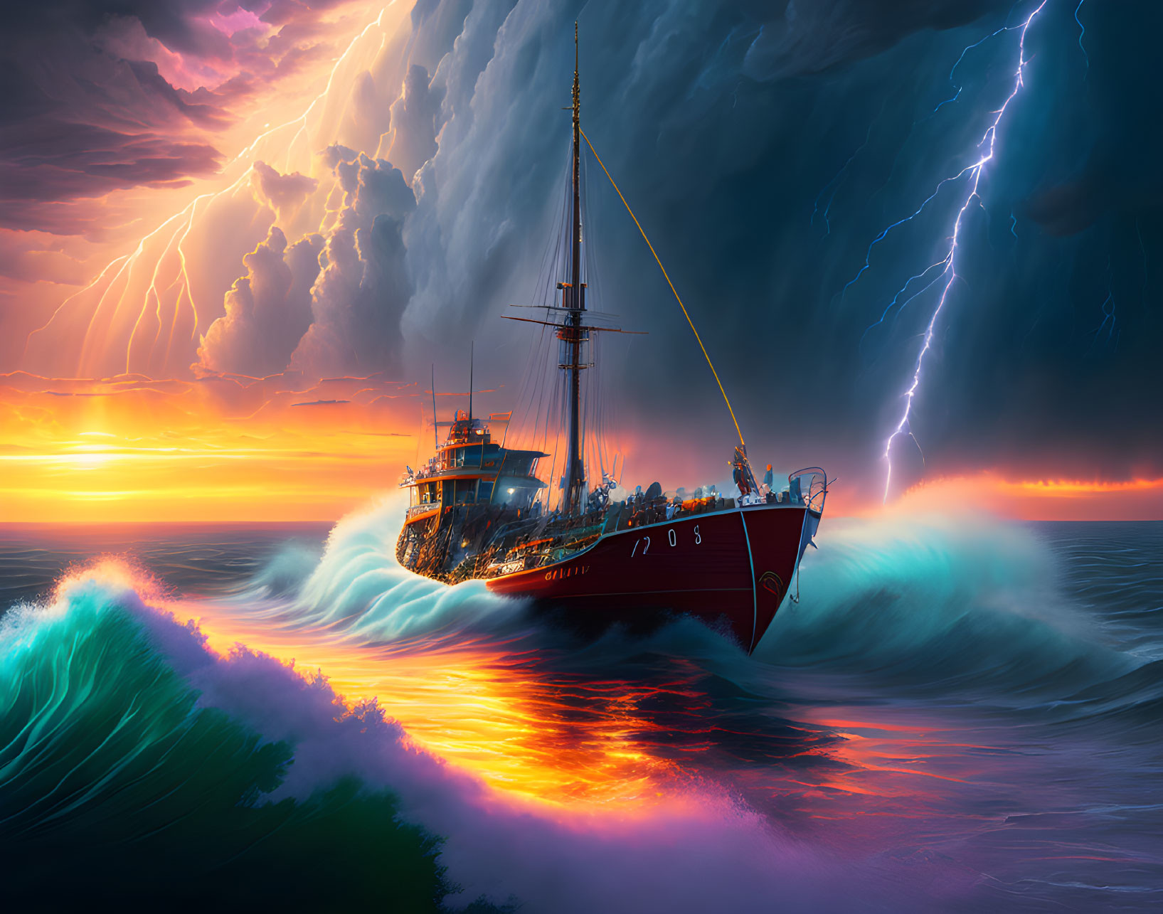 Sailing ship in vibrant ocean under dramatic sky