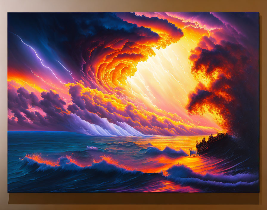 Dramatic sea storm painting with fiery clouds and lightning