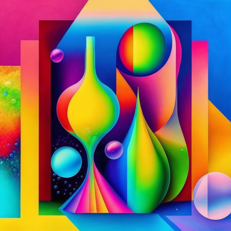 Abstract digital artwork with vibrant spherical shapes and sharp geometric lines