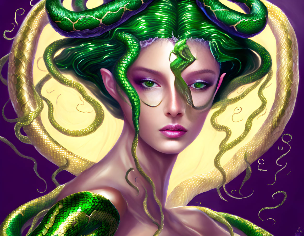 Artwork of woman with green snakes in hair on purple backdrop with golden accents