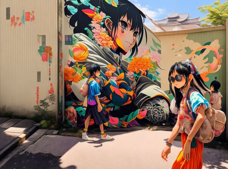 Colorful street mural featuring anime-style girl and flowers, with two people in casual attire.