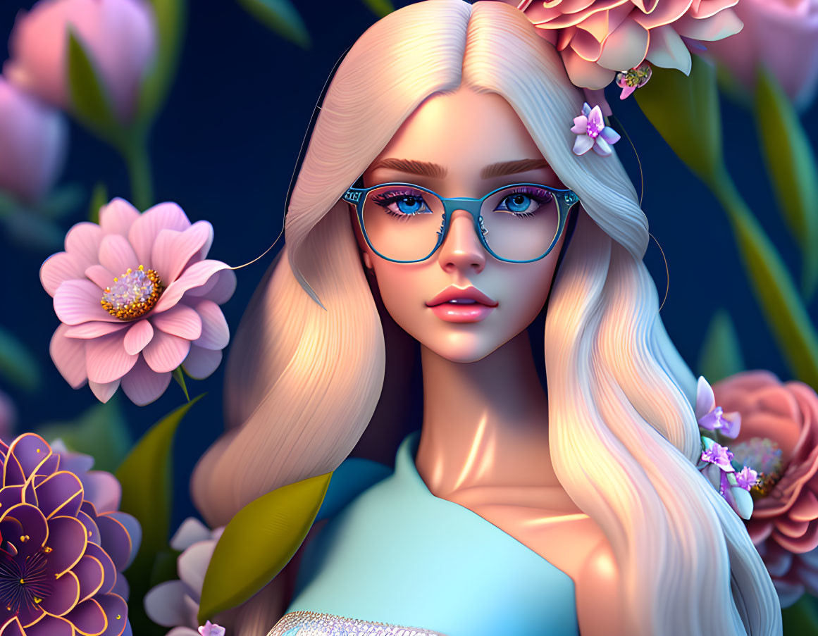 Platinum Blonde Woman with Blue Glasses Surrounded by Colorful Flowers