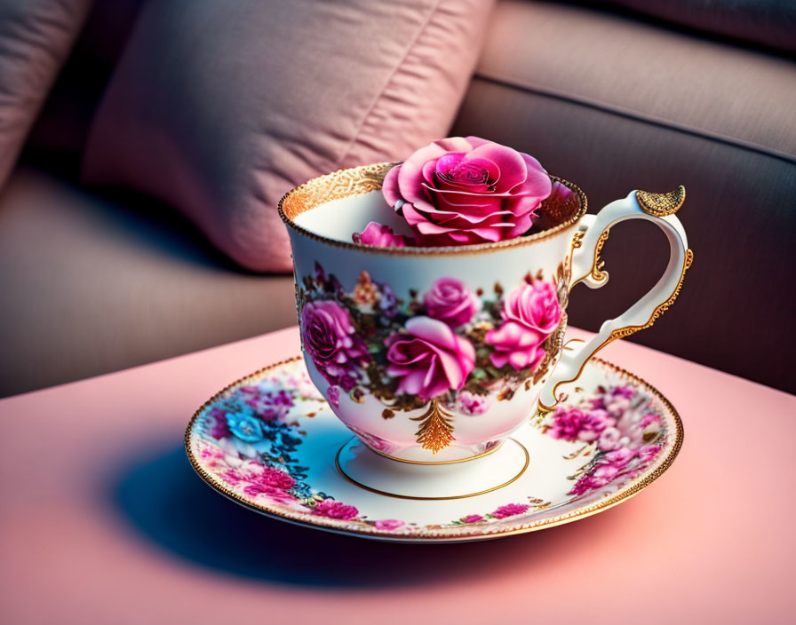 Porcelain teacup and saucer with pink rose designs and gold accents on pink surface