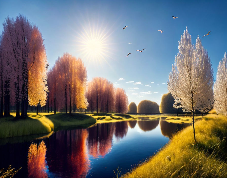 Tranquil landscape: vibrant blue river, autumn trees, bright sun, birds in flight