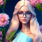 Platinum Blonde Woman with Blue Glasses Surrounded by Colorful Flowers