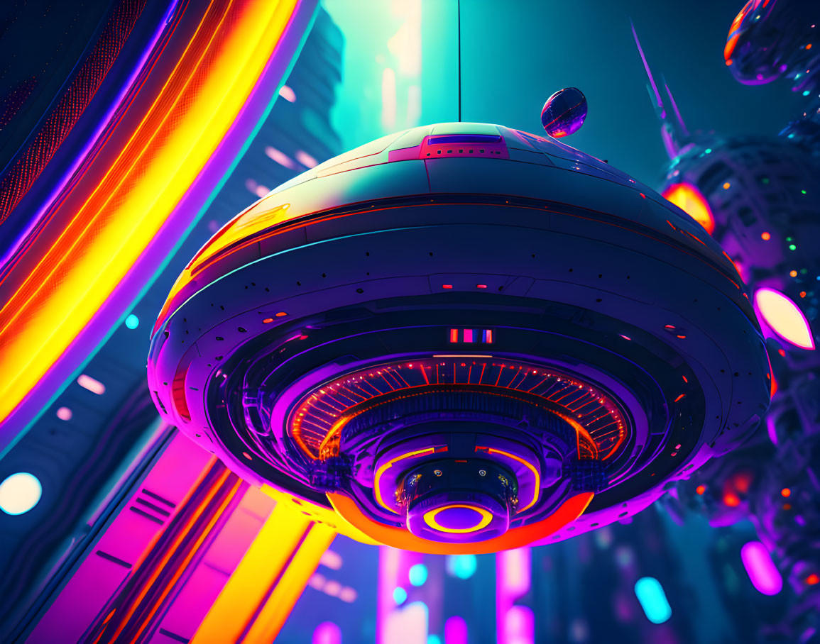 Futuristic flying saucer in neon-lit cityscape at twilight