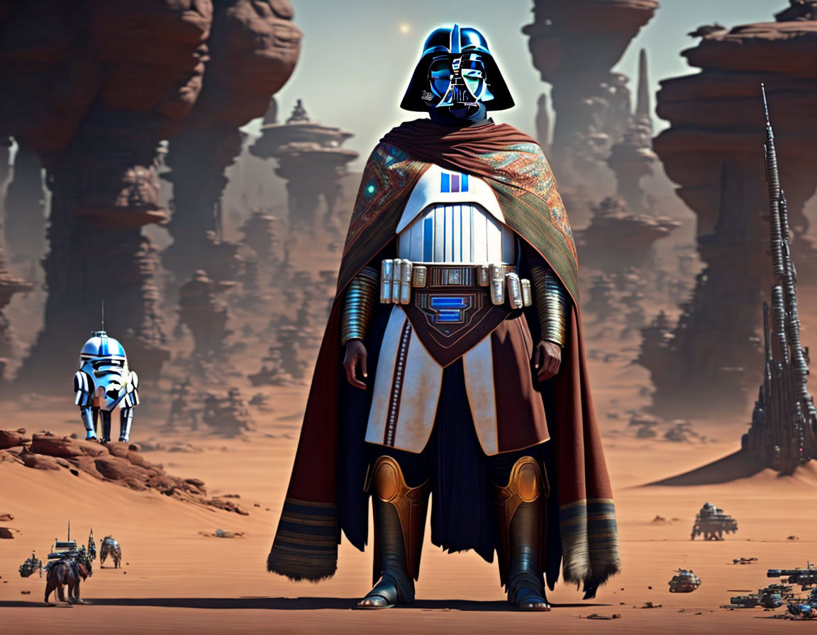 Futuristic character in armor with robot in desert landscape