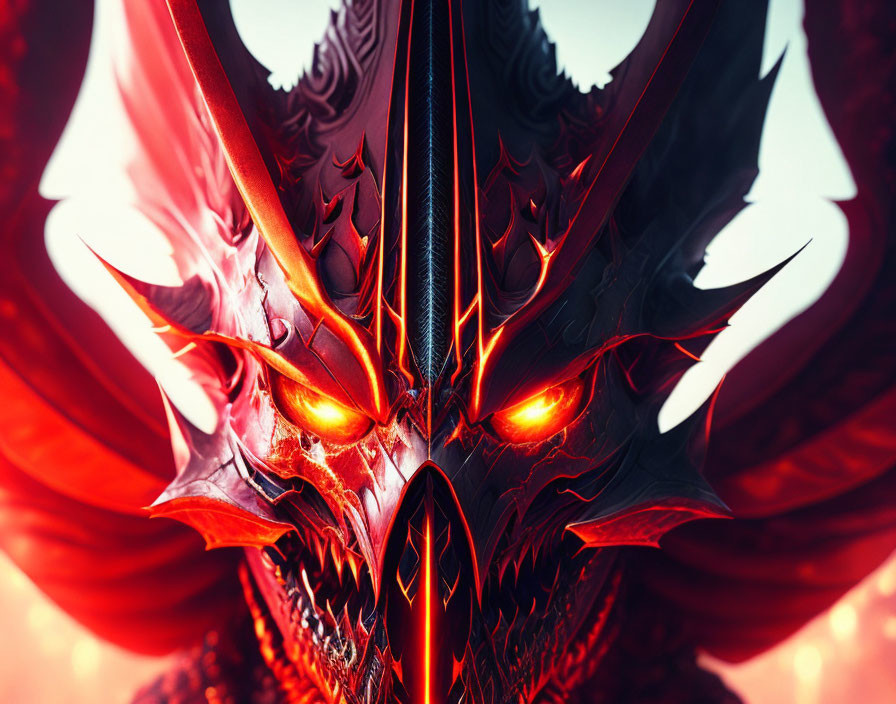 Red-eyed dragon-like creature with sharp horns and armor in front of a blazing red background