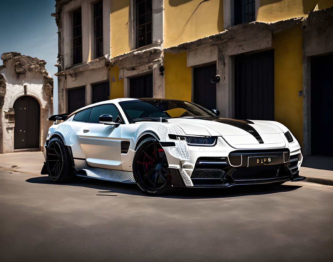 White and Black Sports Car with Racing Stripes in Front of Old Building