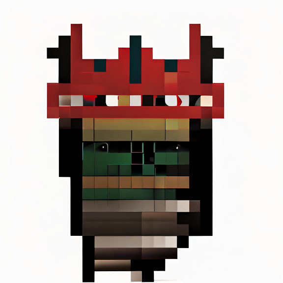 Abstract Pixelated Face Artwork with Red Hat or Crown and Geometric Shapes