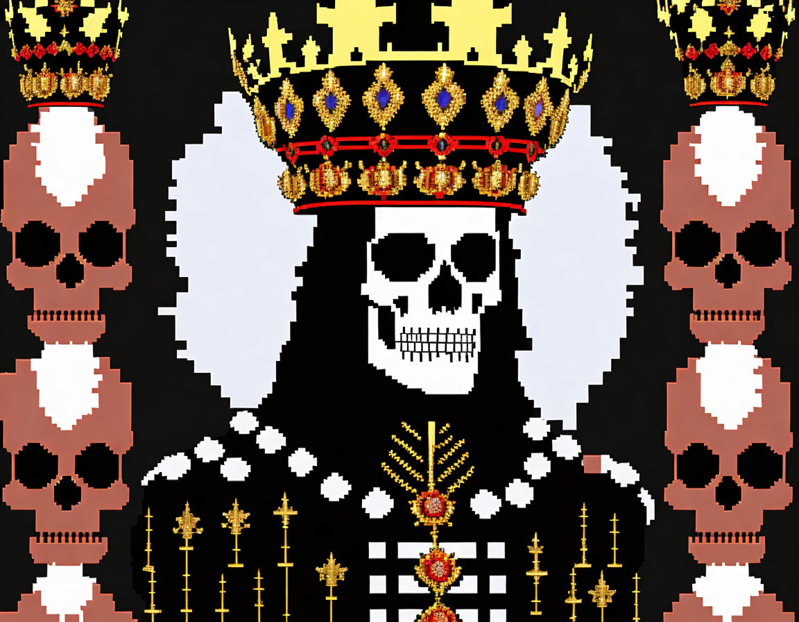 Pixel art composition of central skull with crown, smaller skulls, scepters, and royal medal on black