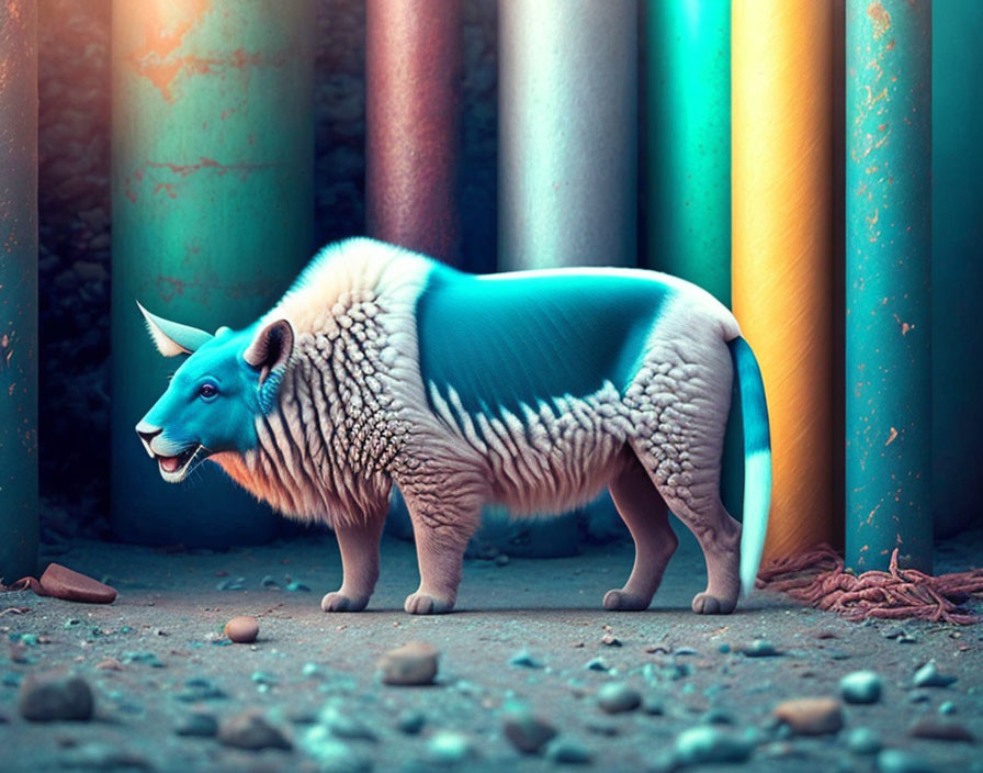 Surreal image: Sheep with blue bull's body among colorful industrial pipes