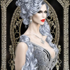 Ethereal figure with silver hair in intricate attire under gothic arch
