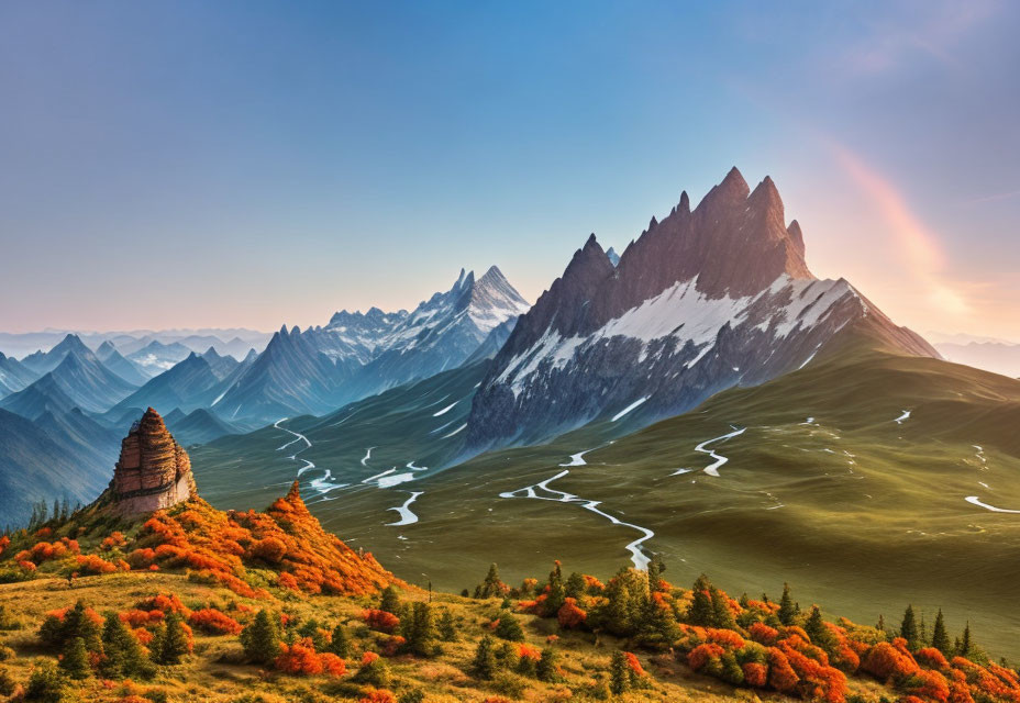 Majestic mountain range at sunset with golden trees and winding rivers