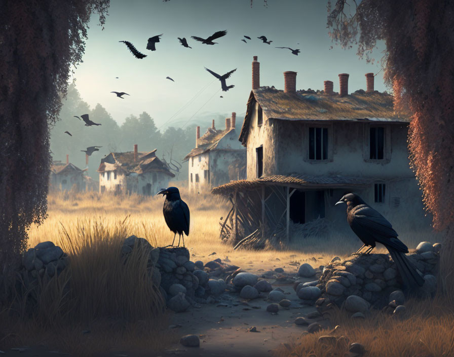 Crows in the abandoned village