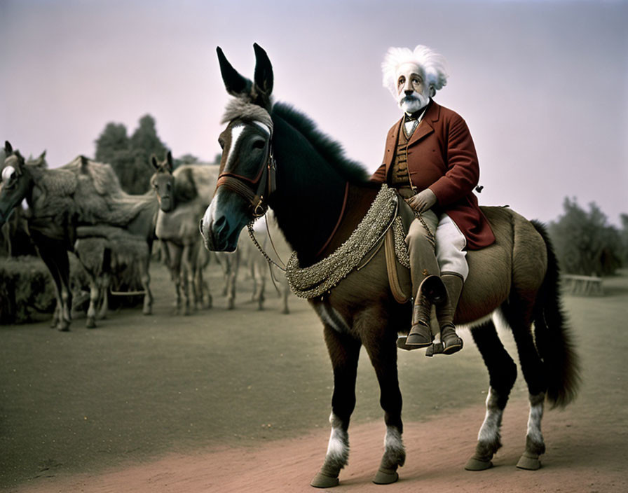 Person with White Hair in Military Uniform Riding Donkey