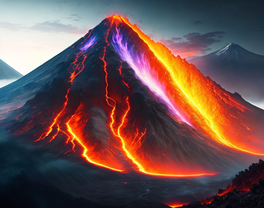 Colorful volcanic eruption with glowing lava flows in red, orange, and purple hues against twilight sky