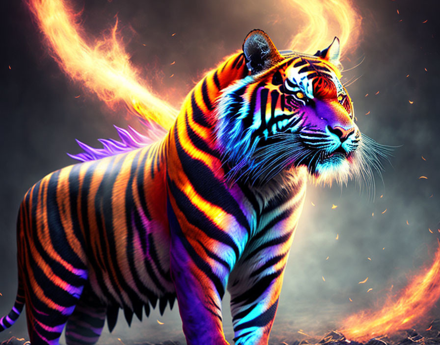 Digital Art: Tiger engulfed in flames with fiery glows on its coat