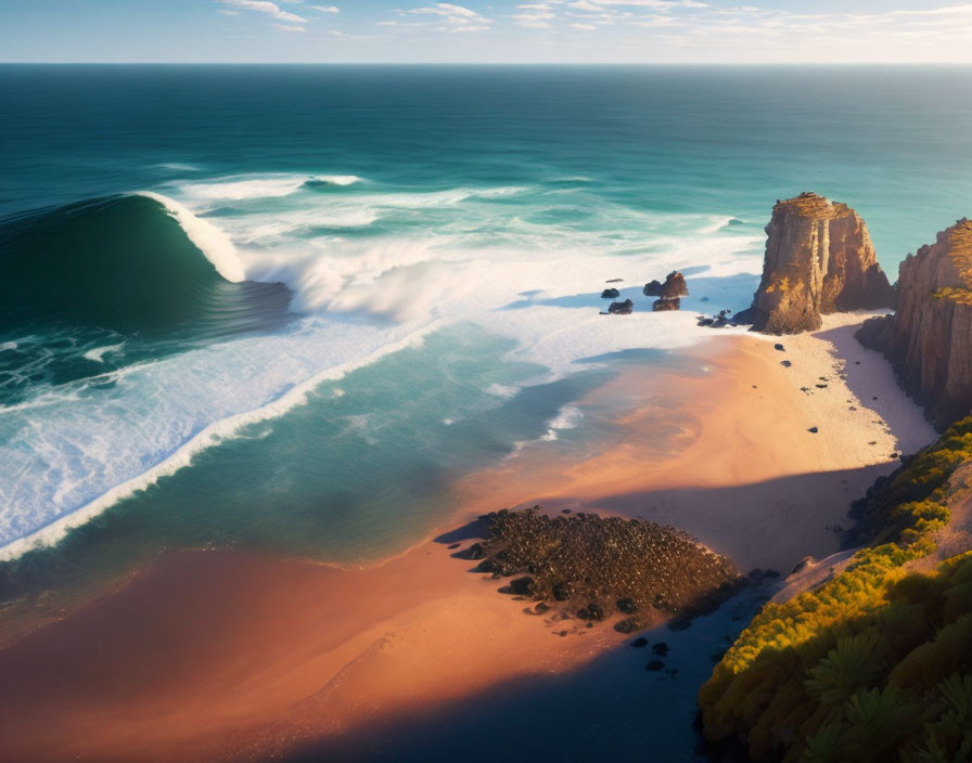 Tranquil beach scene with towering cliffs and crashing waves