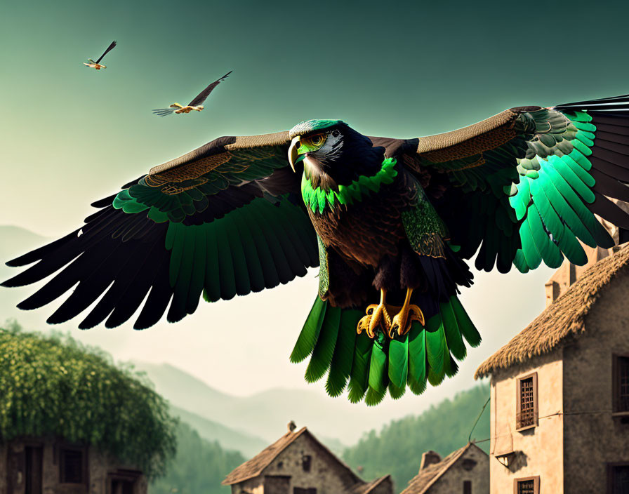 Majestic eagle flying over rustic houses and hills under moody sky