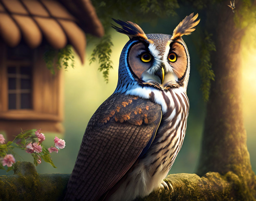 Brown and White Owl Perched on Mossy Rock in Forest Scene