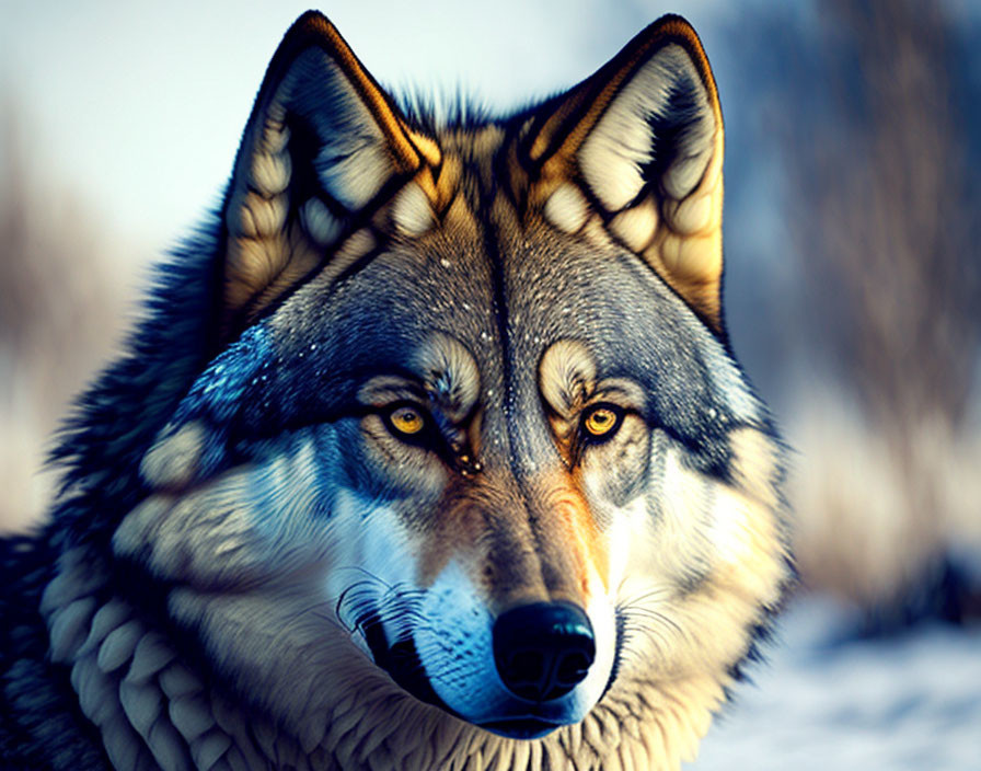 Close-Up Wolf with Piercing Eyes in Wintry Background