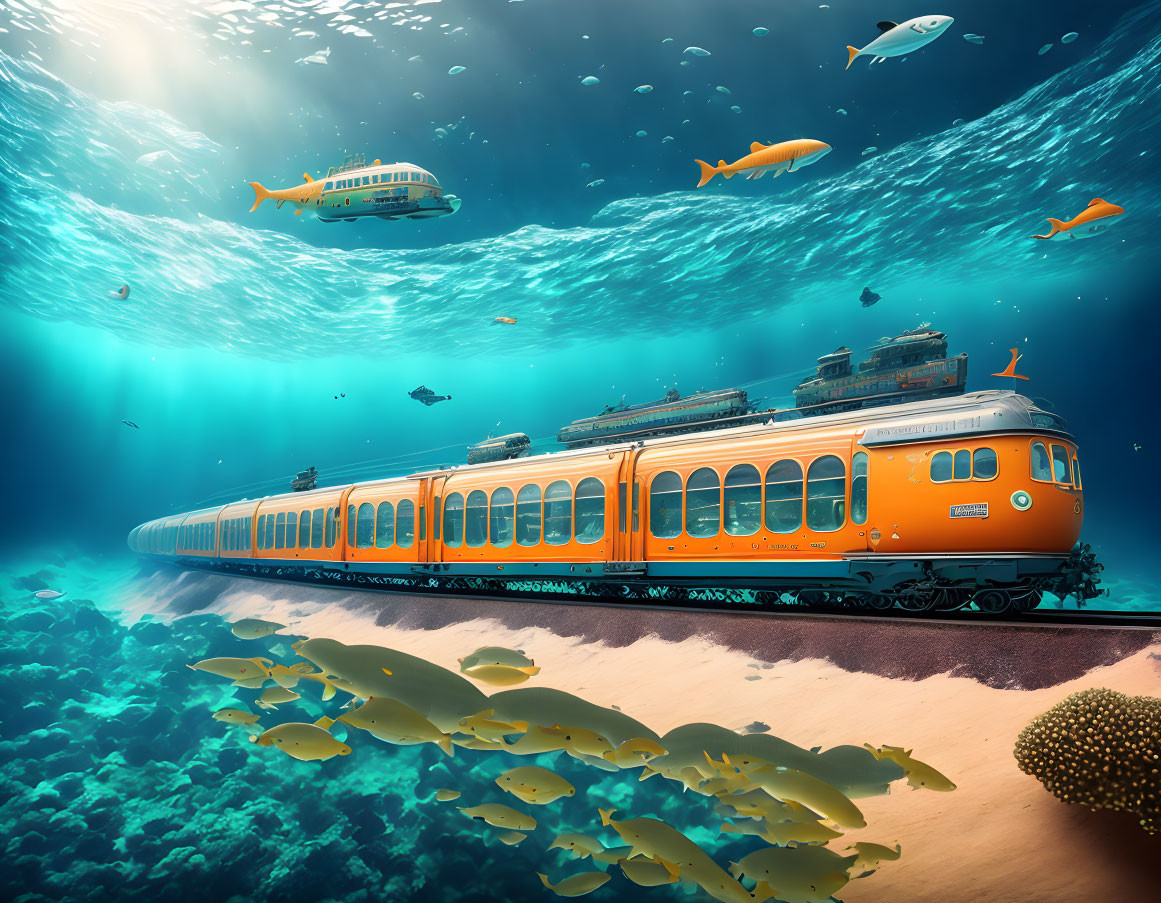 Orange submarine shaped like vintage train underwater with fish and other submarines