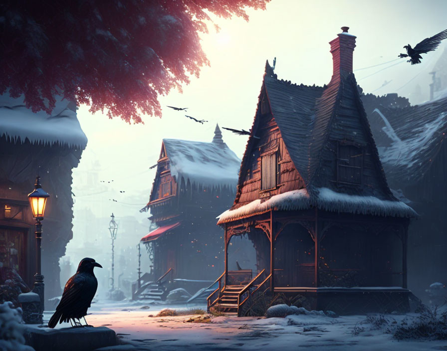 Snow-covered village with houses, crow, birds, and glowing street lamps at dusk
