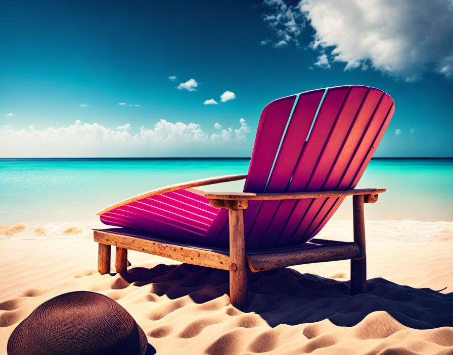 Pink beach chair on sandy shore by turquoise sea with straw hat on sand