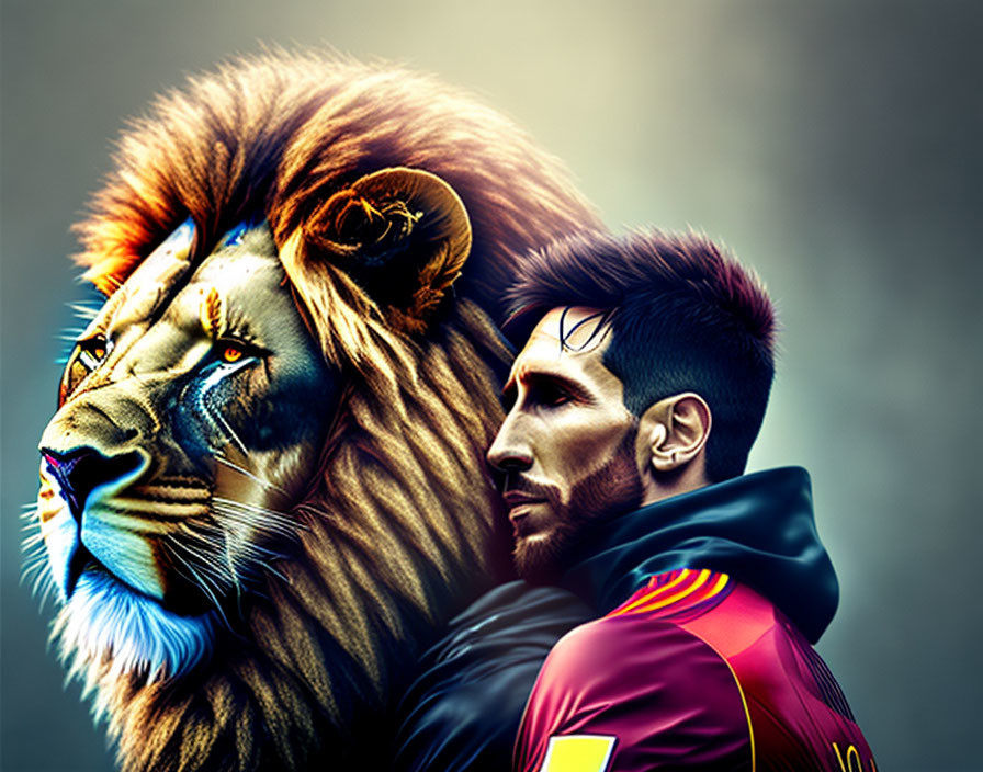 Digital artwork: Soccer player's profile merged with lion's face symbolizing strength.