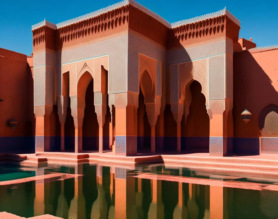 Traditional Moroccan Architecture with Ornate Details and Reflective Pool