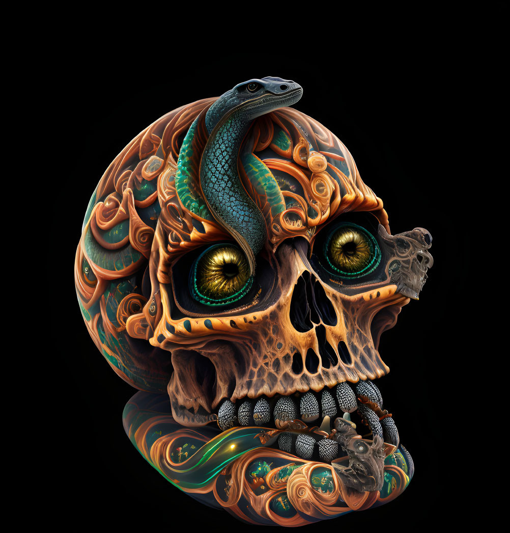 A snake wrapped around skulls with its head emergi