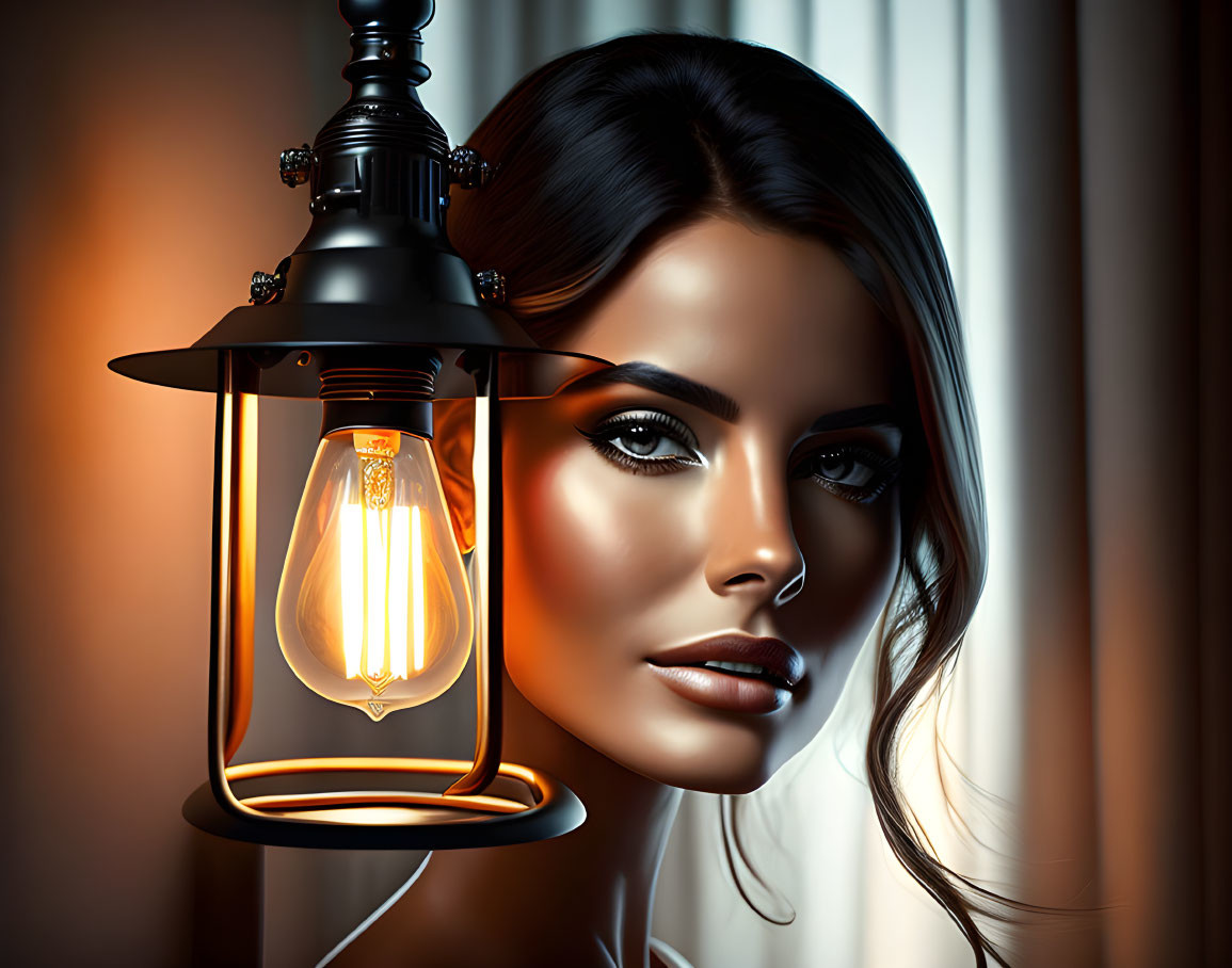 Brunette woman next to a light bulb