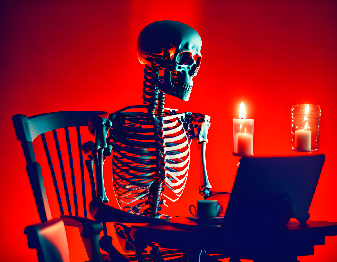 A skeletal man sitting on a red chair in front of 