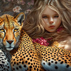 Photorealistic illustration of girl in red cloak embracing spotted leopard among green leaves
