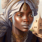 Elaborate Golden Headdress and Jewelry on Woman Portrait