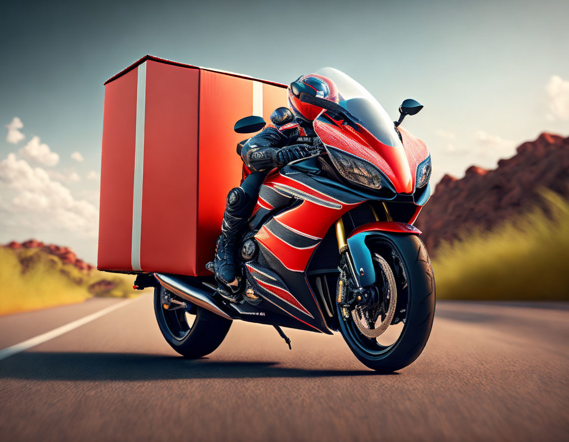 Red and White Sporty Motorcycle with Delivery Box on Desert Road