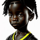 Young girl digital artwork: braided hair, black & yellow jersey with peace sign, necklace, stud