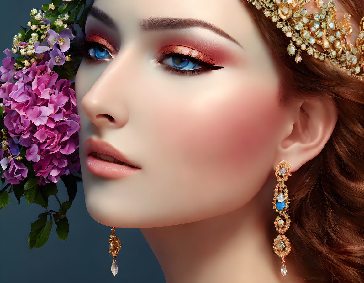 Detailed portrait of woman with vibrant makeup and floral tiara, elegant earrings, beside purple hydrangea
