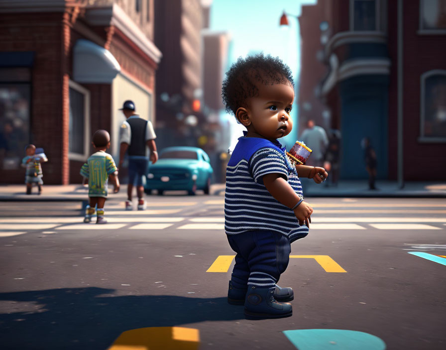 Curly-Haired Toddler with Toy Airplane on City Crosswalk