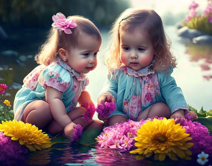 Two toddlers sitting by water with colorful flowers, wearing pastel dresses and floral hair accessories
