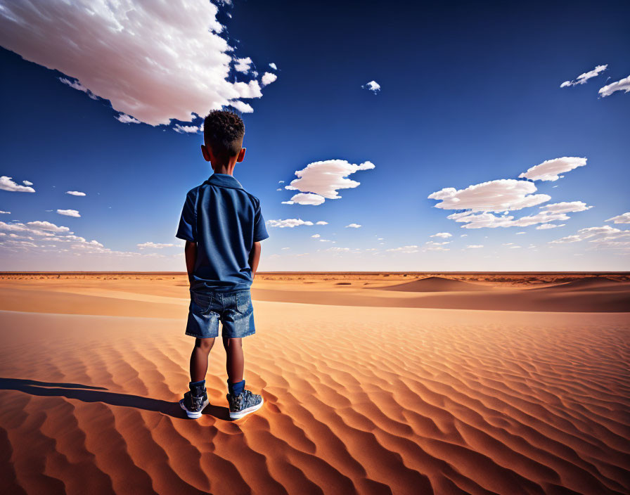 Young boy on desert dune under vast blue sky.