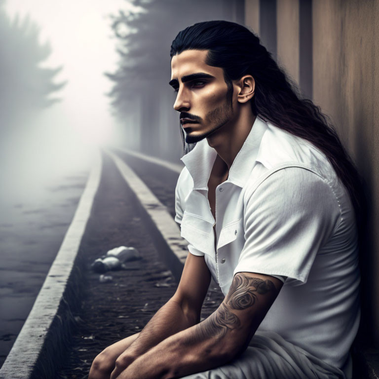 Bearded man with long dark hair sitting by foggy road with tattoo on arm