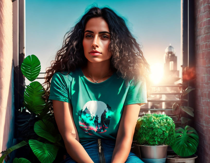 Curly-haired woman in graphic t-shirt near window with plants and sunlight.