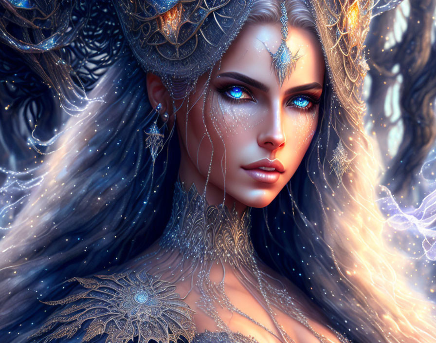Fantasy digital art of woman with blue eyes and luminescent hair