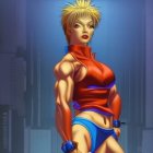 Muscular Female Character in Orange Shirt and Blue Shorts on Blue Background