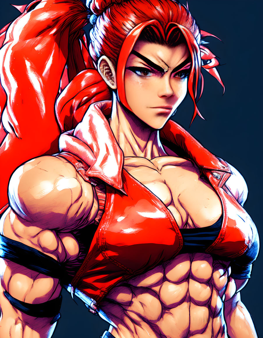 Muscular character with red hair in ponytail wearing red martial arts gi.
