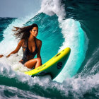Woman in Black Bikini Riding Wave on Yellow Surfboard