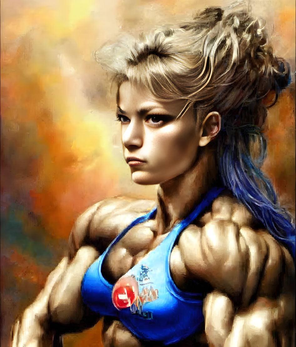 Muscular blonde woman in blue top on warm-toned abstract background